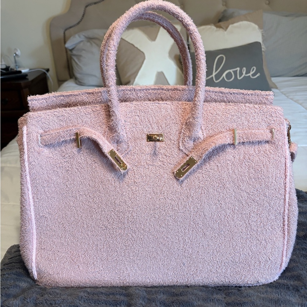 Pink Terry Cloth Structured Tote Bag with Gold Hardware